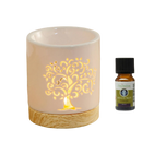 Cremefarbene céramy life tree duftlampe mit goldenem baumdesign auf holzbasis innen beleuchtet