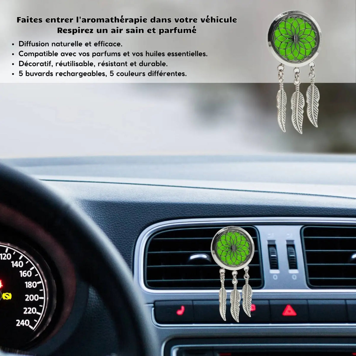 Zen'Arome Auto-Duftspender Clip'Arôme mit Traumfänger, grüner Diffusor für angenehmen Autoduft, stilvoller Auto-Accessoire