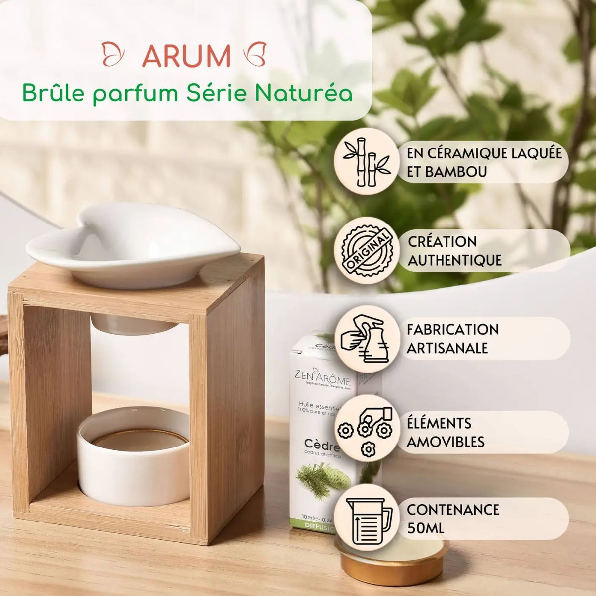 Zen'Arome Duftwachsschmelzer mit Keramik- und Bambus-Design, Kerzenhalter für Aromalampe, entspannende Duftquelle
