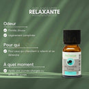 Kleine bernsteinfarbene glasflasche mit schwarzem deckel und etikett zen arome relaxante synergie entspannende ätherische ölmischung zur atmosphärischen diffusion