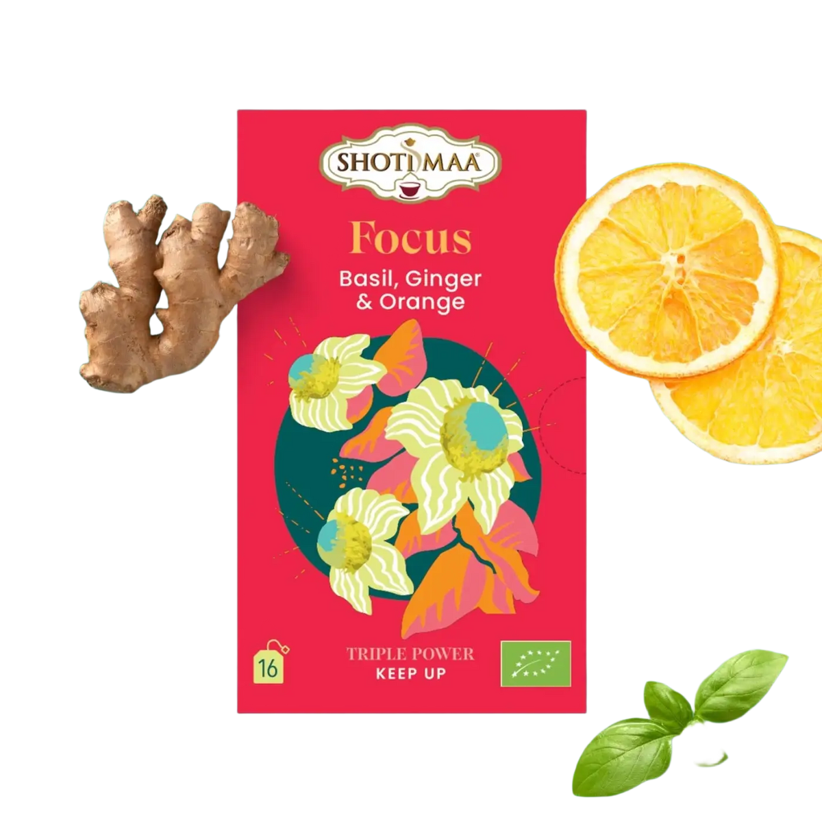 Bio-Kräutertee-Infusion von Zen'Arôme mit Basilikum, Ingwer und Orange, zeigt die Teetasse mit Kräuterstücken und frischen Zutaten