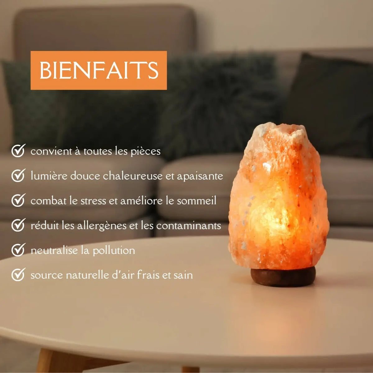 Himalaya-Salzlampe von Zen'Arome in Rohform, orangefarben, wiegt 2 bis 3 kg, beleuchtet und zeigt die natürliche Salzsteinstruktur