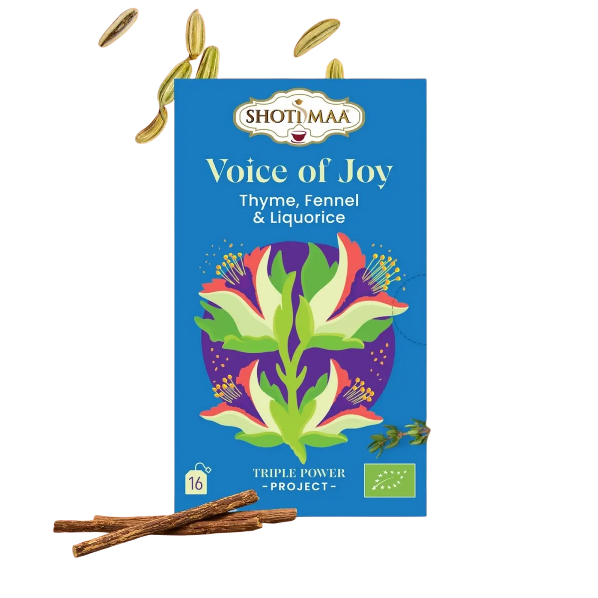 Bio-Kräutertee Zen'Arôme Voice of Joy mit Lakritz, Fenchel und Thymian, aromatischer Tee in einer Tasse.