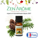 Eine kleine bernsteinfarbene glasflasche kiefernöl von zen arome mit schwarzem verschluss 10 ml komplett dampfdestillation ideal bei erkältung