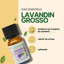 Kleine bernsteinfarbene glasflasche mit schwarzem deckel und weißem etikett lavandin grosso von zen arôme ohne terpenentfernung komplette dampfdestillation