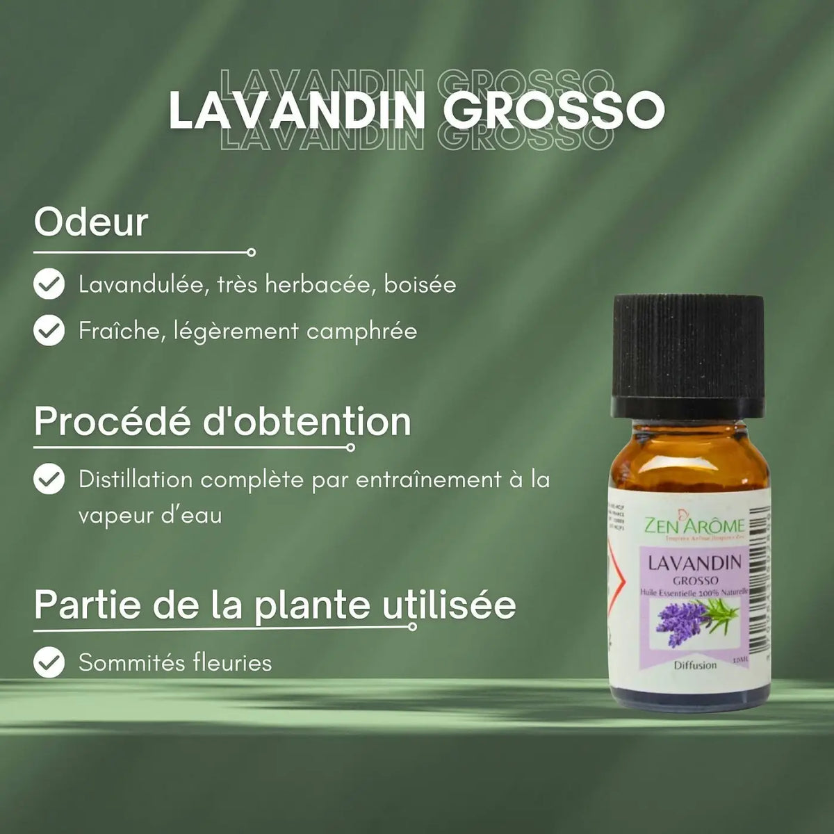 Ätherisches Lavandin Grosso Öl von Zen'Arôme, 10 ml, natürliches ätherisches Öl mit frischem Lavandin-Duft.
