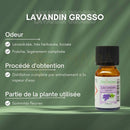 Kleine bernsteinfarbene glasflasche mit schwarzem deckel und weißem etikett zen arome lavandin grosso ohne terpenentfernung komplette dampfdestillation 100 % natürlich 10 ml