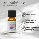 Kleine bernsteinfarbene glasflasche mit schwarzem deckel und weißem etikett zeigt zen arome lavandin grosso ätherisches öl ohne terpenentfernung mit kompletter dampfdestillation 10 ml