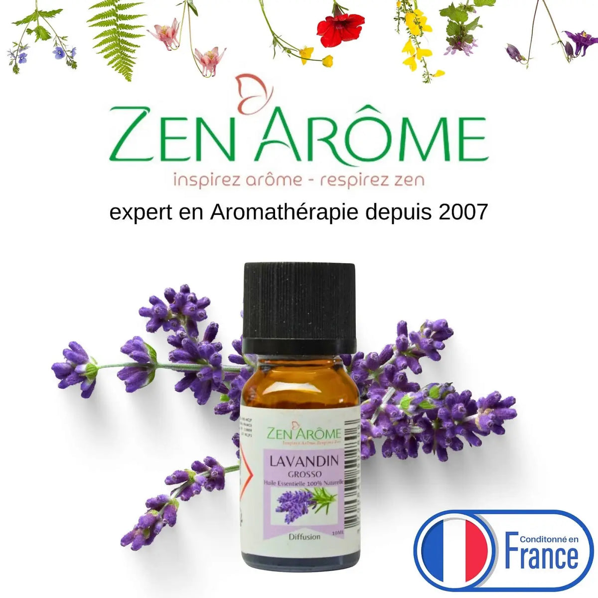 Ätherisches Lavandin Grosso Öl von Zen'Arôme, 10 ml, reines und natürliches Lavendelöl in einer dunklen Flasche.