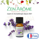 Ein kleines bernsteinfarbenes glasfläschchen mit schwarzem deckel und weißem etikett der marke zen arôme lavandin grosso ohne terpenentfernung komplette dampfdestillation