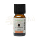 Kleine bernsteinfarbene glasflasche mit schwarzem rippverschluss und weißem etikett zen arome meditation essential oil für diffuser 10 ml