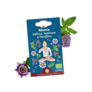 Tea box in blue with flower illustrations and meditating figure labeled rêverie mélisse valériane passiflore soft night organic herbal tea