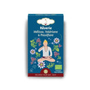 Blauer rechteckiger kasten rêverie soft night organic kräutertee mit meditativer figur und den zutaten mélisse valériane passiflore