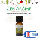 Kleine bernsteinfarbene glasflasche mit schwarzem deckel und grüner zen arome etikett douce nuit synergie ätherische öl-synergie nacht für diffuser mit natürlichen ätherischen ölen duftkomposition