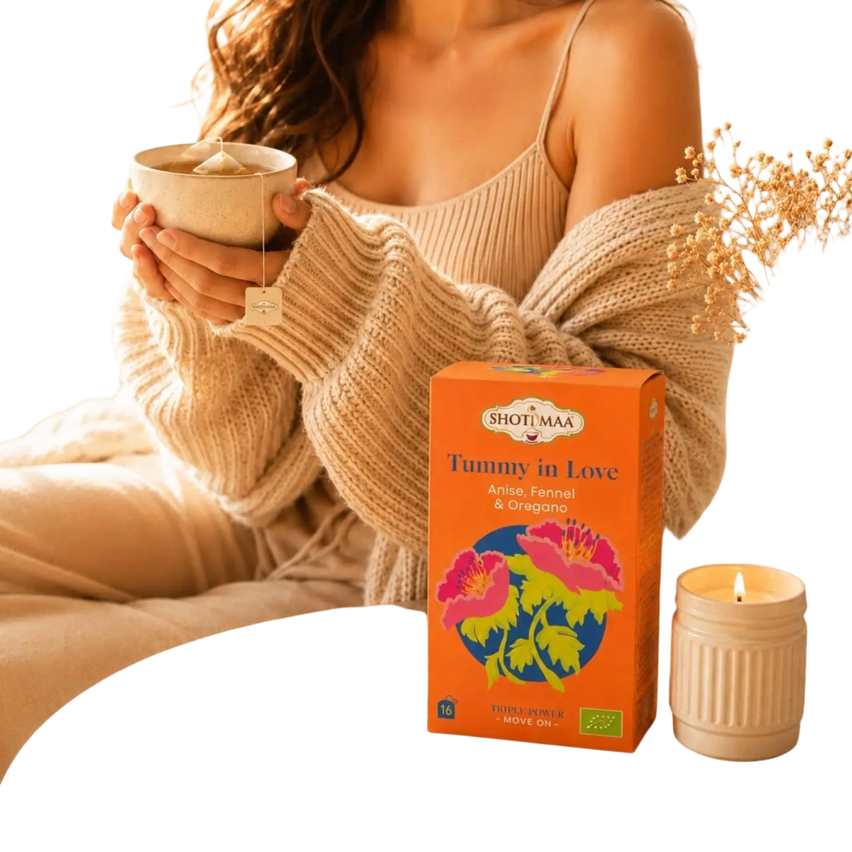 Bio-Kräutertee Zen'Arôme Tummy in Love mit Fenchel, Anis und Oregano, entspannender Kräutertee in einer Tasse.