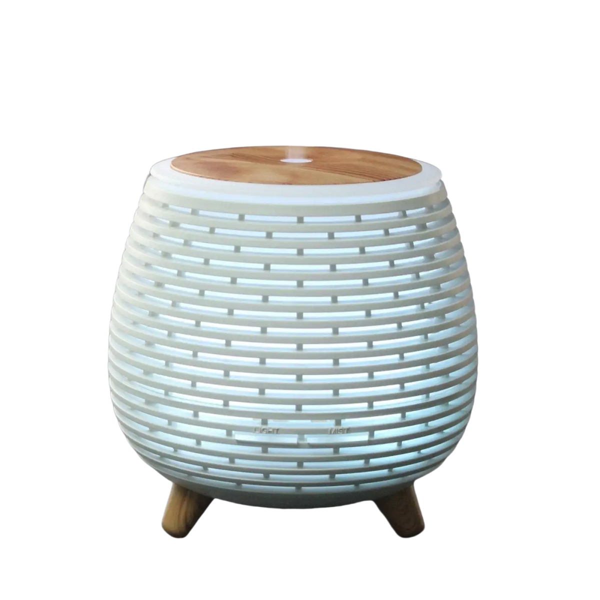 Weiße gewebte Zen'Arome USB-Duft- und Aromadiffusor Lina auf einem Tisch, zeigt das elegante Design des Diffusors.