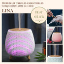 Weißer usb aroma diffuser zen’arome lina mit gewebter textur, holzdeckel, grund und lila licht für ätherische öle