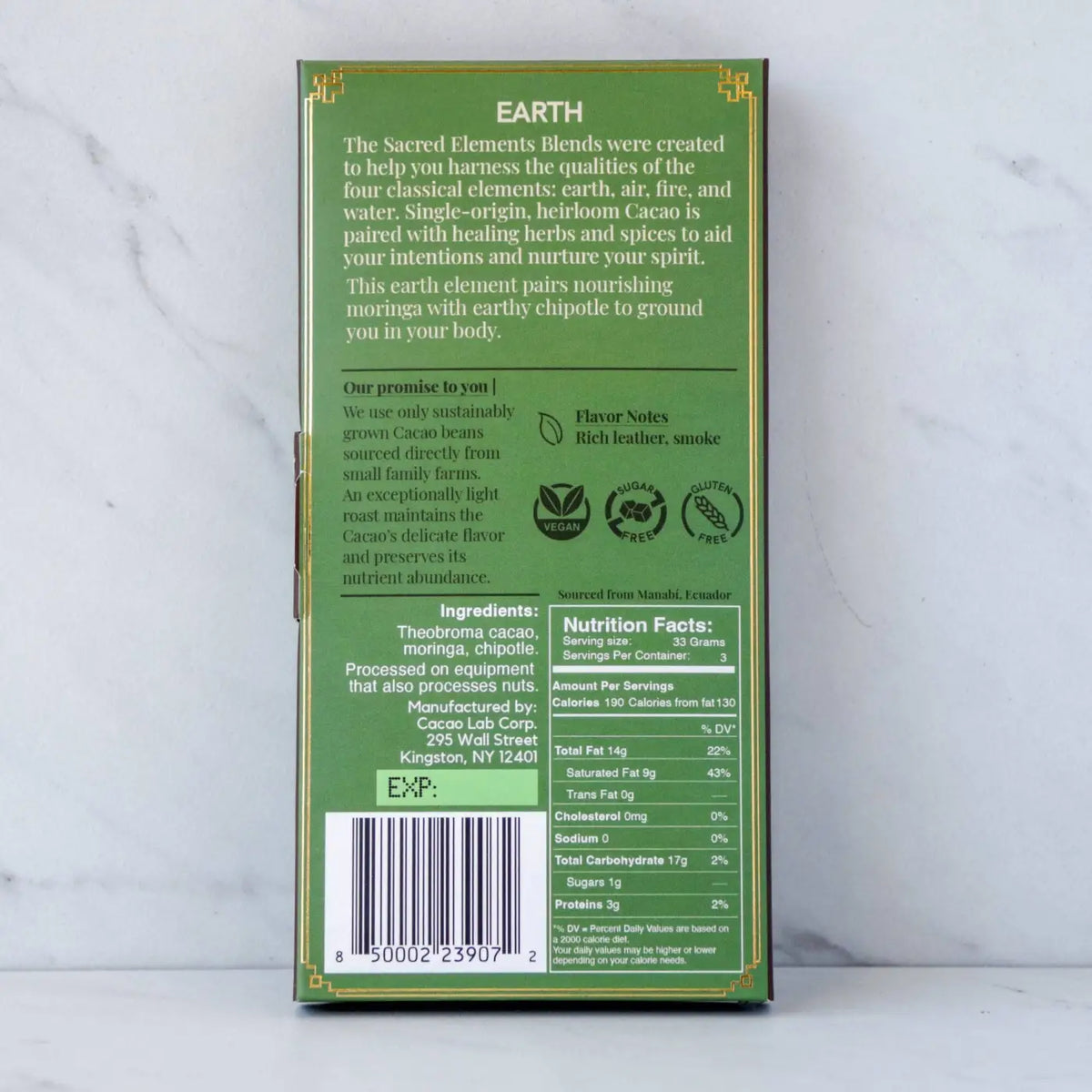 Zeremonieller Kakao Cacao Erdelement mit Moringa und Chipotle von Cacao Lab, 100g, in einer natürlichen Verpackung.