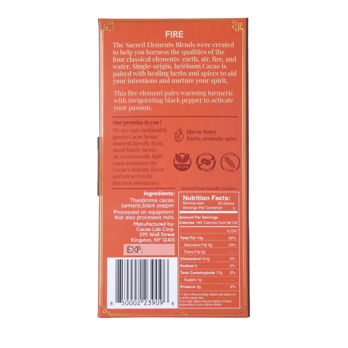 Zeremonieller Kakao Cacao mit Feuerelement, Kurkuma und schwarzem Pfeffer, in 100g Verpackung, von Cacao Lab, Süssigkeiten & Snacks