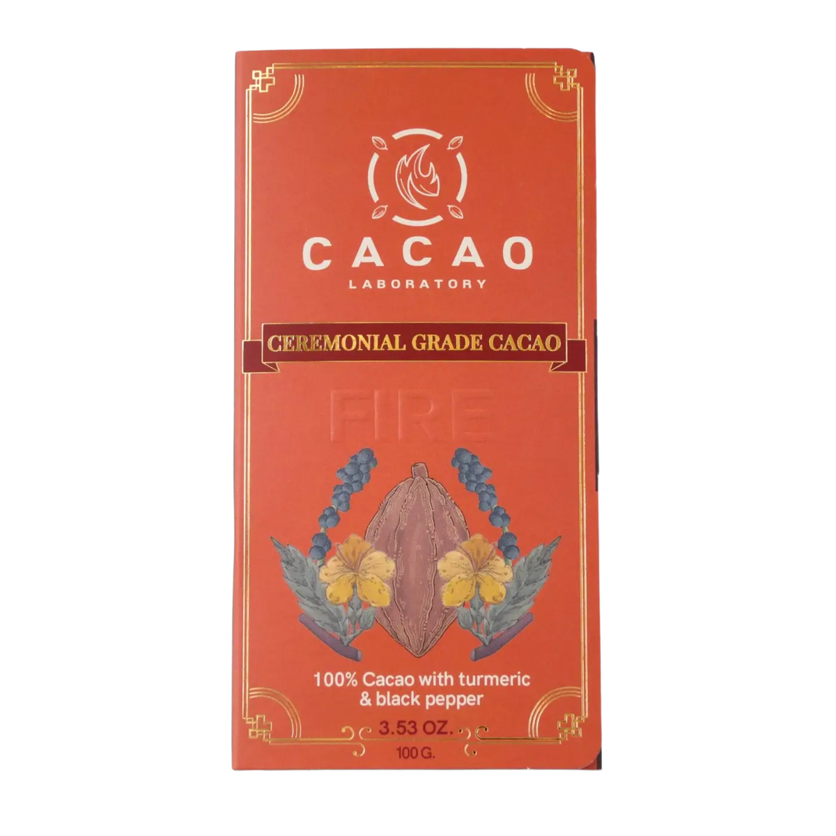 Zeremonieller Kakao Cacao mit Feuerelement, Kurkuma und schwarzem Pfeffer von Cacao Lab, 100g, in einer Dose.