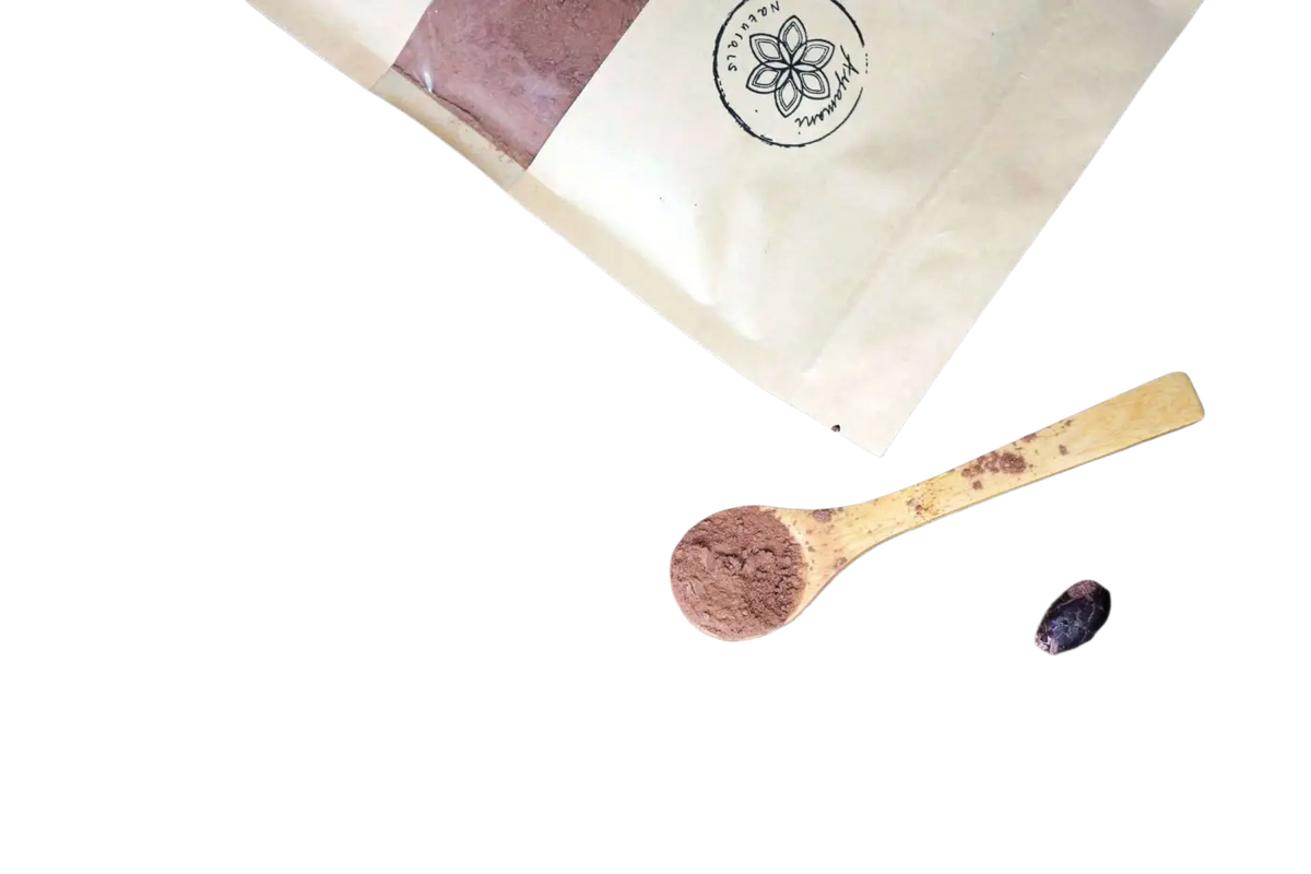 Zeremonieller Kakao Choco Chai mit Reishi, Chaga und Pilzen, ayurvedische heiße Schokolade in einer Packung mit Kokosnussgeschmack