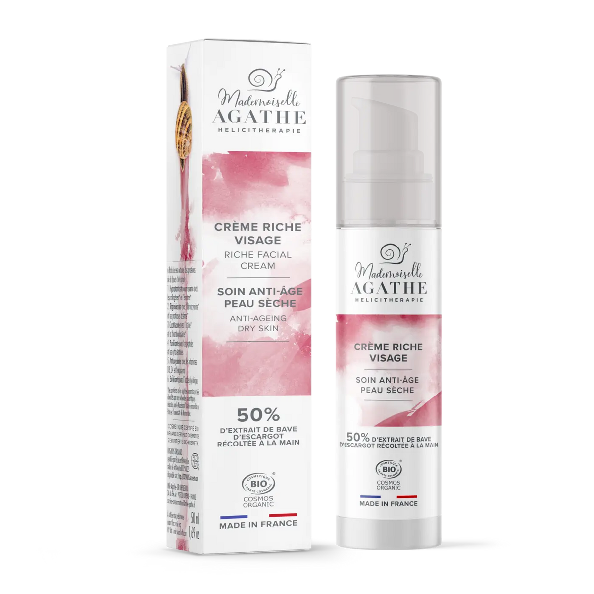 Mademoiselle Agathe Bio-Gesichtscreme mit 50% Schneckenschleim-Extrakt für Anti-Aging, pflegt die Haut natürlich.