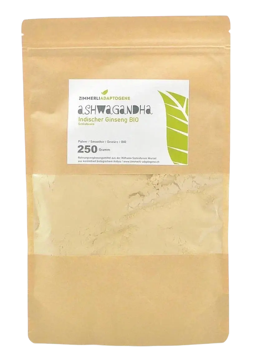 Zimmerli Adaptogene Ashwagandha Pulver Bio, Einzelkräuter für Energie, Stressabbau und innere Ruhe, in einem Glas.