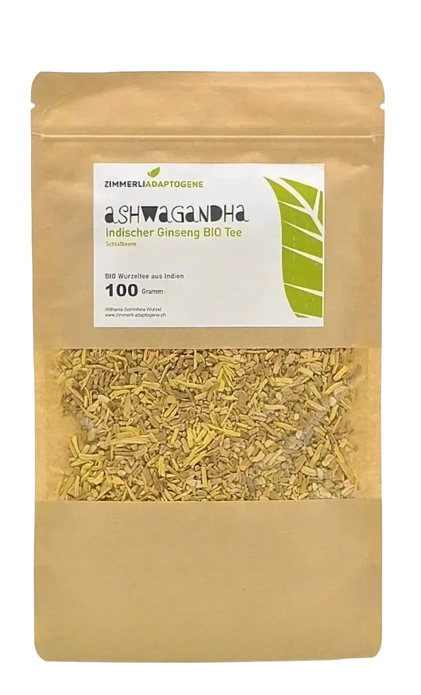 Zimmerli Adaptogene Ashwagandha Bio-Tee in 100g, mit beruhigenden und energiefördernden Eigenschaften, in einer offenen Packung.
