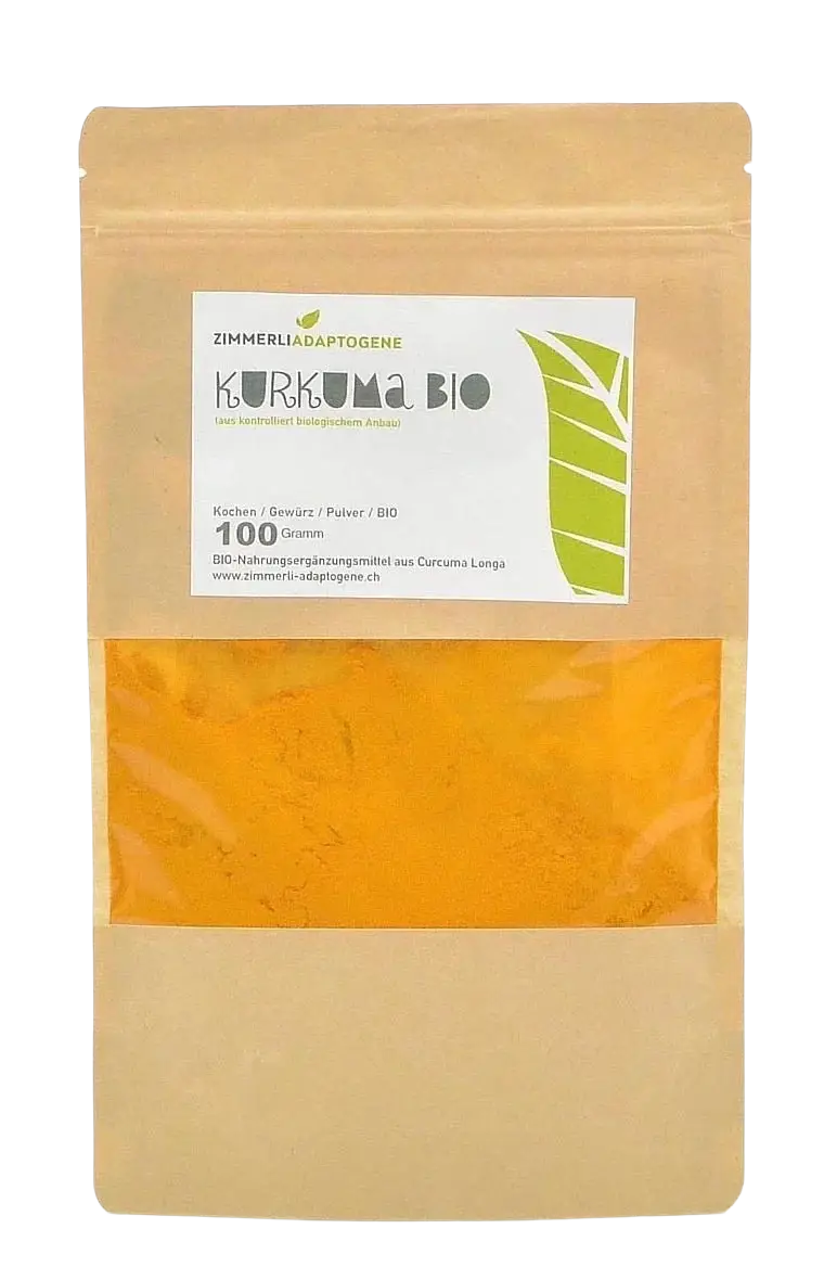 Zimmerli Adaptogene Kurkuma Pulver Bio, 100 g, in einer offenen Packung, zeigt das gelbe Bio-Kurkuma Pulver für Gesundheit und Vitalität