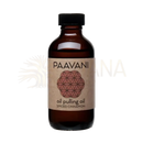 Eine braune glasflasche mit schwarzem verschluss und beigem etikett von paavani für zimt ziehöl cinnamon pulling oil in botanischen morning rituals