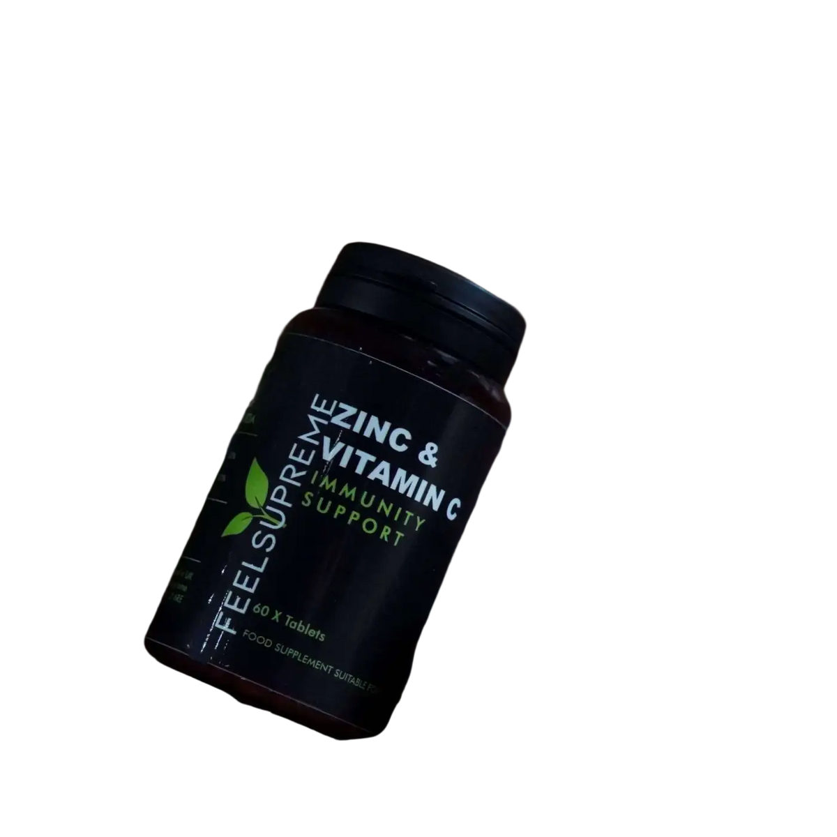 Zink mit Vitamin C Nahrungsergänzungsmittel von Feel Supreme, zeigt die Verpackung mit Zink- und Vitamin C-Tabletten.