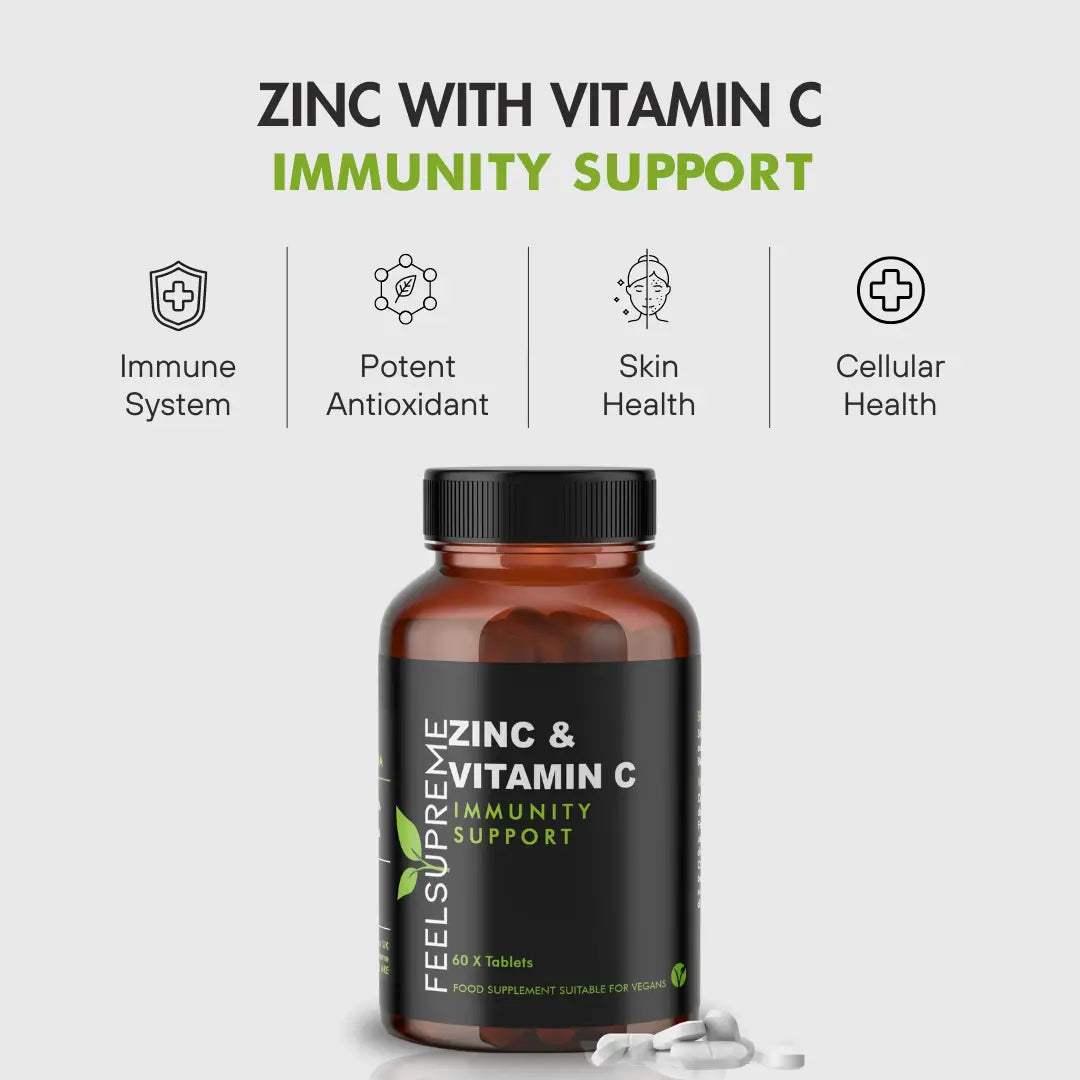 Zink mit Vitamin C Nahrungsergänzungsmittel von Feel Supreme, flache Tabletten zur Unterstützung des Immunsystems.