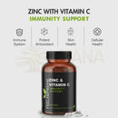 Dunkle bernsteinfarbene glasflasche mit schwarzem rippenverschlus und label zinc und vitamin c immunitätsunterstützung