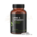 Ein amberfarbenes glasfläschchen mit schwarzem deckel und mattem etikett für zink und vitamin c immunitätsunterstützung