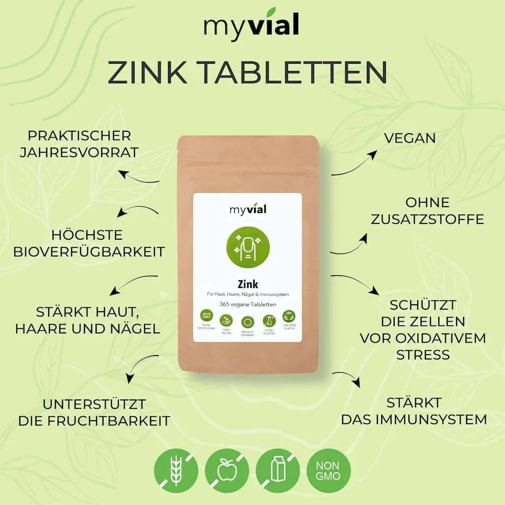 Hochdosierte vegane Zink Tabletten 25mg in Packung mit 365 Stück, Nahrungsergänzung von myvial, nahes Bild der Tabletten