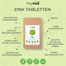 Braune wiederverschließbare myvial zink tabletten 25mg hochdosiert packung mit veganem label für wound healing