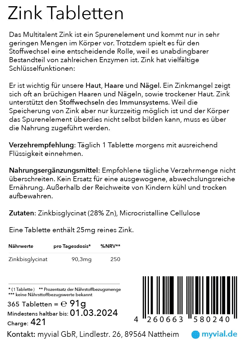 Vegan Zink Tabletten 25mg, hochdosiert, 365 Stück, Nahrungsergänzung, in einer blauen Packung mit Tabletten