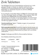 The back label of myvial zink tabletten 25mg hochdosiert package showing german text about ingredients and wound healing benefits