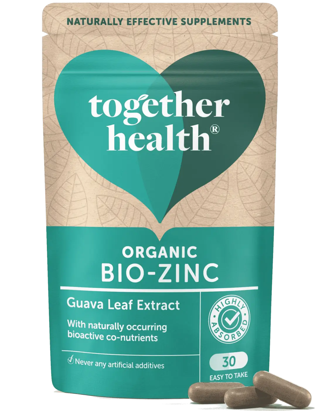 Vegan Zinkpräparat von Together Health in Beutel, 30 Kapseln, Nahrungsergänzung mit türkis-beigem Design