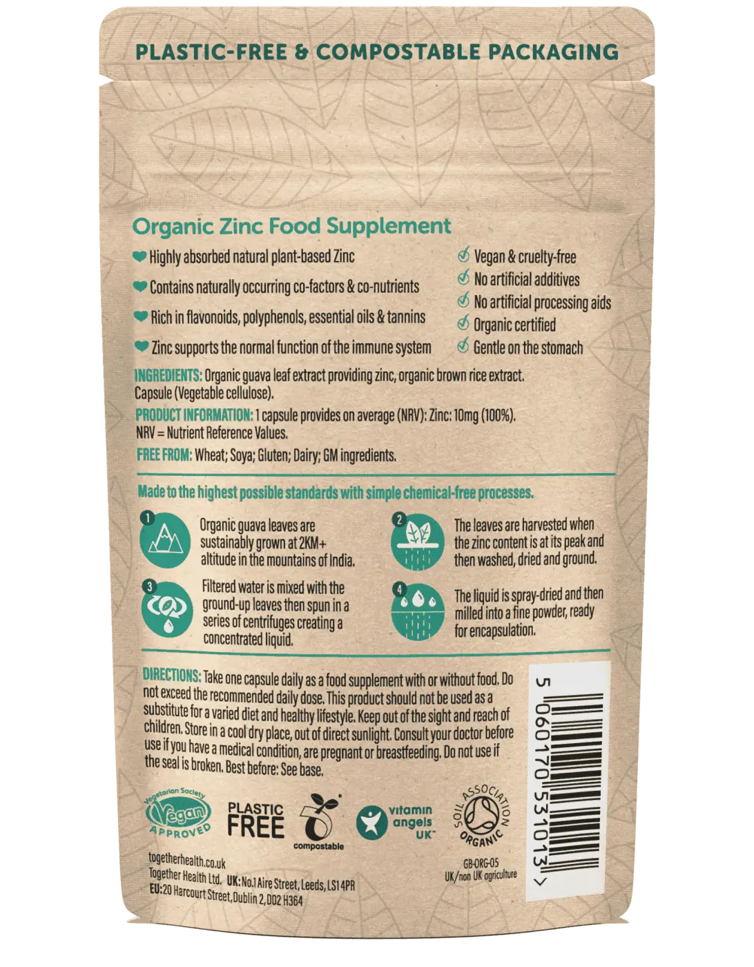 Vegan Zinkpräparat von Together Health, 30 Kapseln, Rückseite der braunen Verpackung, Nahrungsergänzungsmittel.