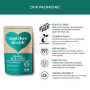Teal und beige pouch von together health veganes zinkpräparat mit herzlogo bio-zink supplement im mana shop soil association zertifiziert