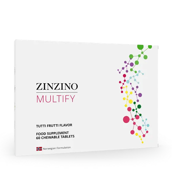 Zinzino Multify Multivitamin Kautabletten, Nahrungsergänzungsmittel mit bunten Kautabletten auf weißem Hintergrund