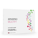 Zinzino Multify Multivitamin Kautabletten, Nahrungsergänzungsmittel mit bunten Kautabletten auf weißem Hintergrund