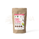 Braune kompostierbare aromandise ciao xylitolzucker pouch mit rosa weißem etikett und löffel zucker illustration kalorienarmer zuckerersatz